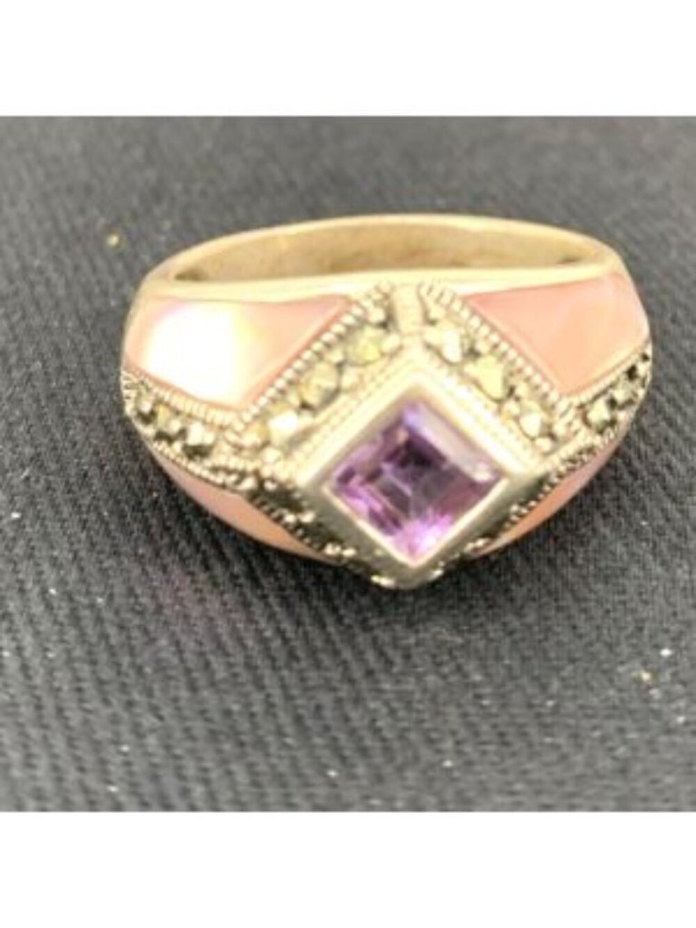 Purple Spinel Marcasite Pink Enamel Ring Sz 7.5 Thailand 7.4 Grams